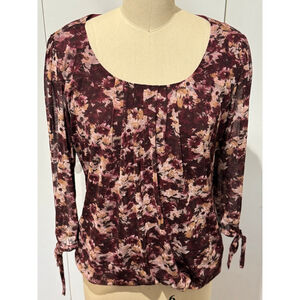 Women's SARA MICHELLE Blouse S Burgundy Floral sparkle lined mesh 3/4 tie Sleeve